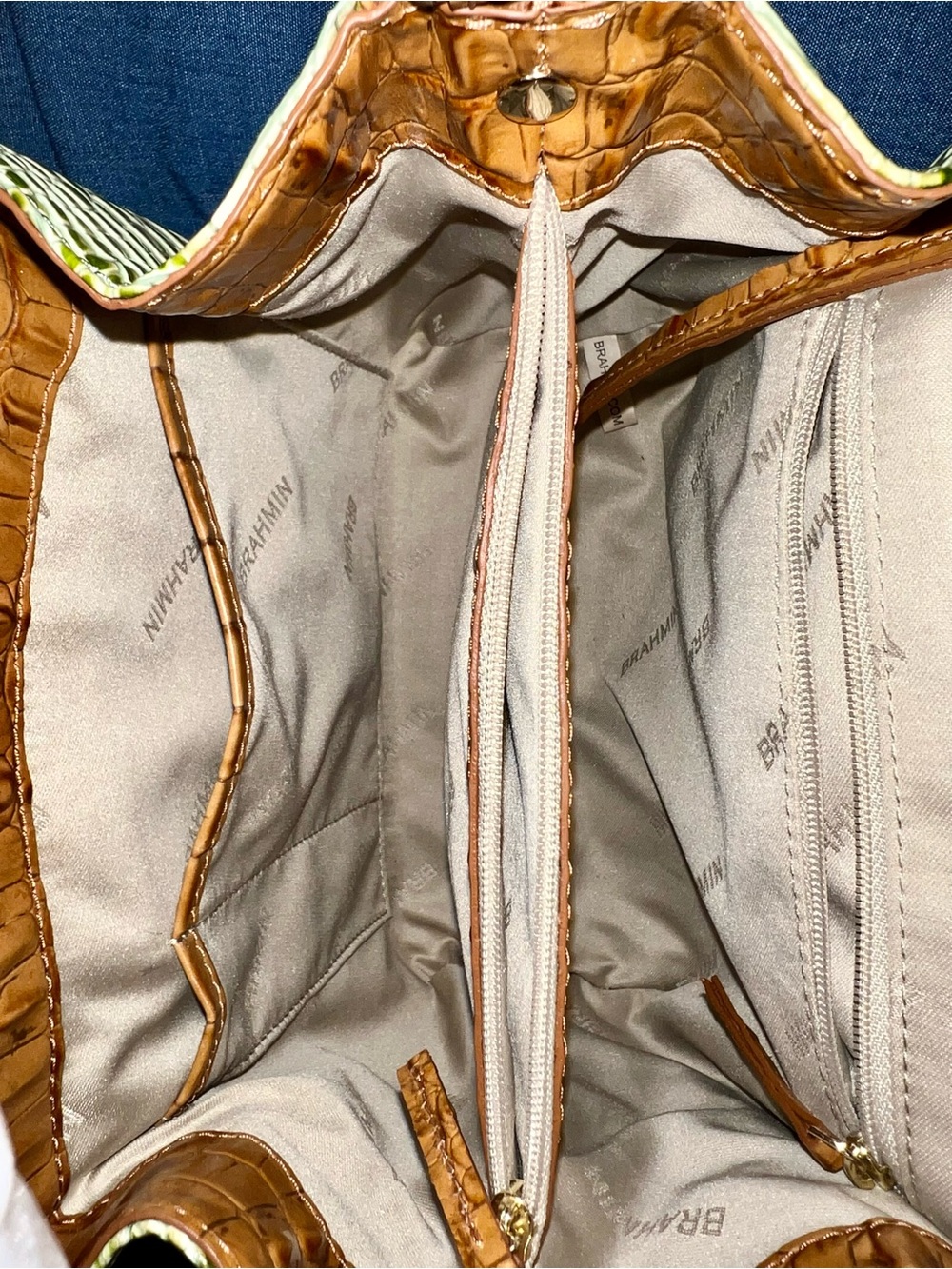 Brahmin Green and White Croc-Embossed Satchel with Gold Hardware - Picture 11 of 13